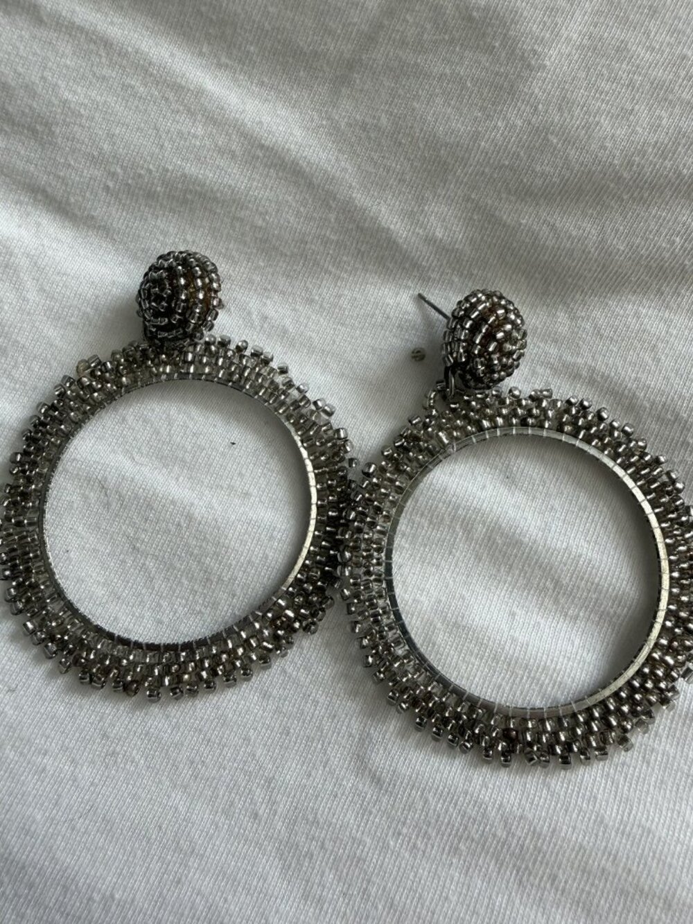 Silver Tone Beaded Fringe Large Hoop Statement Earrings